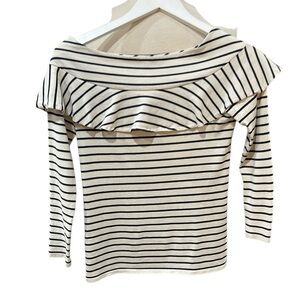 Anthropologie Leifnotes Striped Ruffle Yoke 3/4 Sleeve Top Cream Navy SZ XS